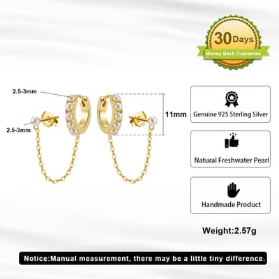 925 Sterling Silver Cultured Freshwater Pearl Huggie Hoop Chain Stud Earrings detail 2