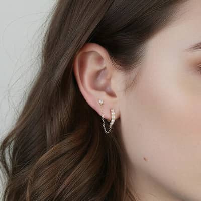 925 Sterling Silver Cultured Freshwater Pearl Huggie Hoop Chain Stud Earrings detail 3