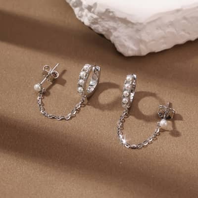 925 Sterling Silver Cultured Freshwater Pearl Huggie Hoop Chain Stud Earrings detail 4