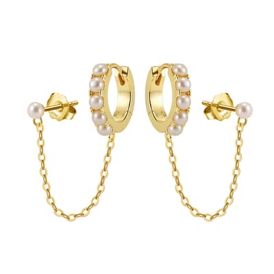 925 Sterling Silver Cultured Freshwater Pearl Huggie Hoop Chain Stud Earrings detail 5