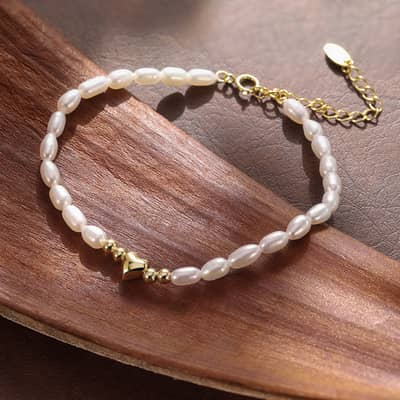 925 Sterling Silver Cultured Freshwater Pearl Heart Shape Beaded Bracelet detail 1