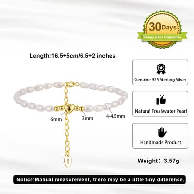 925 Sterling Silver Cultured Freshwater Pearl Heart Shape Beaded Bracelet detail 5