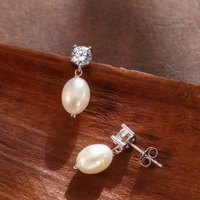 925 Sterling Silver Cubic Zirconia Cultured Freshwater Pearl Drop Stud Earrings detail 2