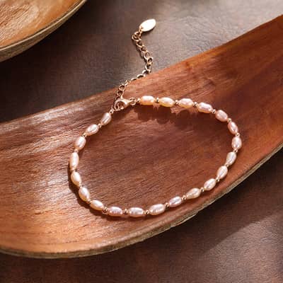 Natural Rice Shape Baroque Freshwater Pearl Bracelet, 925 Silver Adjustable Chain, Pink Pearl detail 1