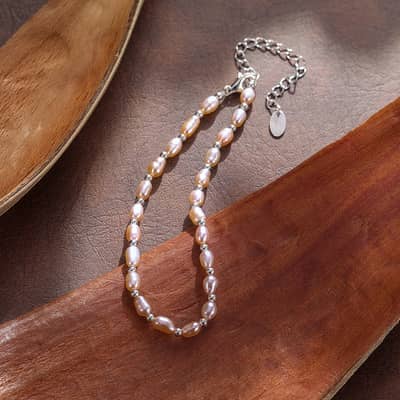 Natural Rice Shape Baroque Freshwater Pearl Bracelet, 925 Silver Adjustable Chain, Pink Pearl detail 2