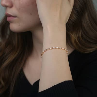 Natural Rice Shape Baroque Freshwater Pearl Bracelet, 925 Silver Adjustable Chain, Pink Pearl detail 4