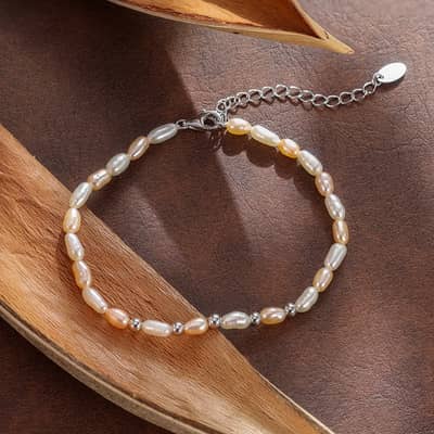 Elegant White Pink Mixed Color Pearl Bracelet, 925 Silver Baroque Freshwater Pearl detail 1