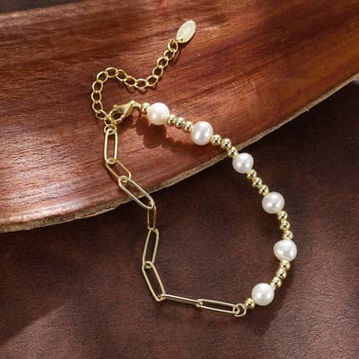 925 Sterling Silver Half Paperclip Chain Half Bead Bracelet with Cultured Freshwater Pearl detail 1