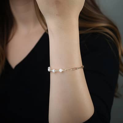925 Sterling Silver Half Paperclip Chain Half Bead Bracelet with Cultured Freshwater Pearl detail 3