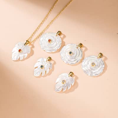 Design Natural Gemstone Shell and Zircon Flower and Leaf 18K Gold Plated Pendant Necklace for Weddings Parties detail 1