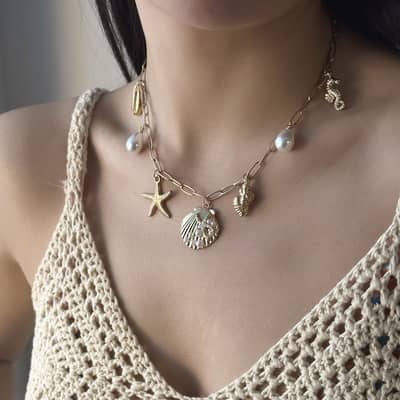 Summer Beach Gold Shell Bowknot Heart Necklace Simple Fashion Sealife Pearl Holiday Jewelry Set detail 1
