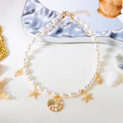 Summer Beach Gold Shell Bowknot Heart Necklace Simple Fashion Sealife Pearl Holiday Jewelry Set detail 2