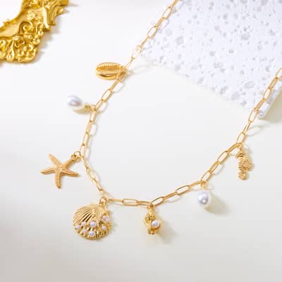 Summer Beach Gold Shell Bowknot Heart Necklace Simple Fashion Sealife Pearl Holiday Jewelry Set detail 5
