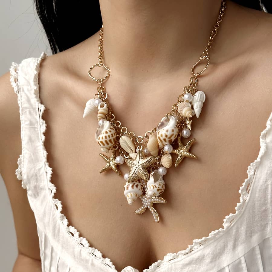 Summer Beach Starfish and Conch Jewelry Pearl Necklace Exaggerated Beach Vacation Style Shell Necklace - main