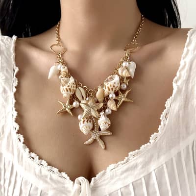 Summer Beach Starfish and Conch Jewelry Pearl Necklace Exaggerated Beach Vacation Style Shell Necklace detail 3