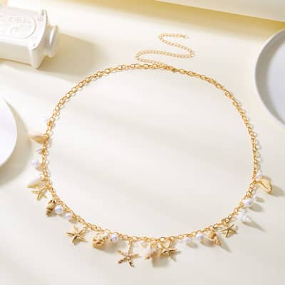 Summer Beach Starfish and Conch Jewelry Pearl Necklace Exaggerated Beach Vacation Style Shell Necklace detail 4
