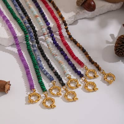 Retro Palace Style Natural Stone Beaded Necklace Stainless Steel Waterproof Sailor Buckle Pendant Non-fading detail 1