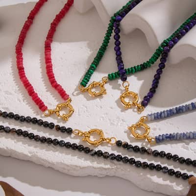 Retro Palace Style Natural Stone Beaded Necklace Stainless Steel Waterproof Sailor Buckle Pendant Non-fading detail 4