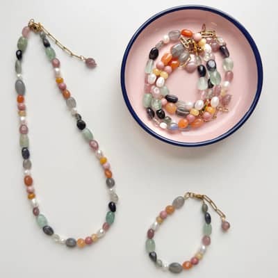 Handcrafted Natural Stone Beaded Necklace, Earrings, and Bracelet Set detail 1