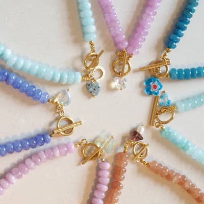 Pastel Rainbow Beaded Flower Necklace, Natural Stone Charm detail 1