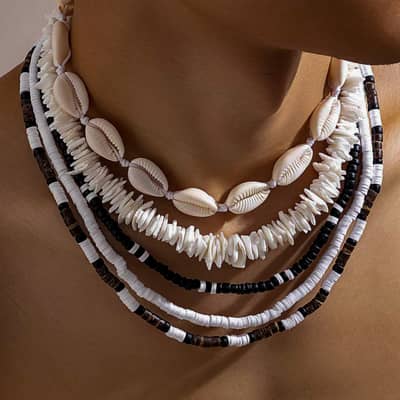 Bohemian 5pcs Set Seashell Wooden Coconut Bead Necklace Accessory Men's Trendy Hip-Hop Puka Chips Ocean Beach Choker Chain detail 2