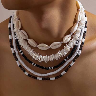 Bohemian 5pcs Set Seashell Wooden Coconut Bead Necklace Accessory Men's Trendy Hip-Hop Puka Chips Ocean Beach Choker Chain detail 3