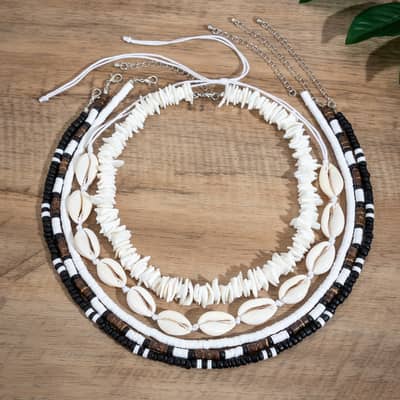 Bohemian 5pcs Set Seashell Wooden Coconut Bead Necklace Accessory Men's Trendy Hip-Hop Puka Chips Ocean Beach Choker Chain detail 5