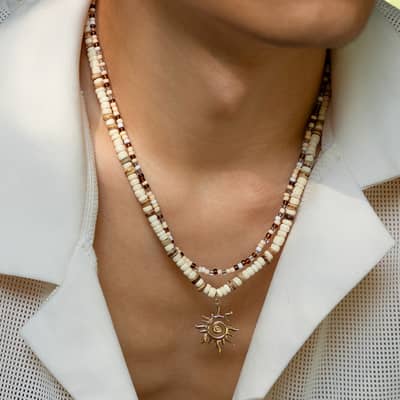 Simple Fashion Handmade Seed Bead Choker Trendy Ivory Wood Coconut Necklace With Gold Sun Charm Summer Men's Hip-Hop Jewelry detail 1