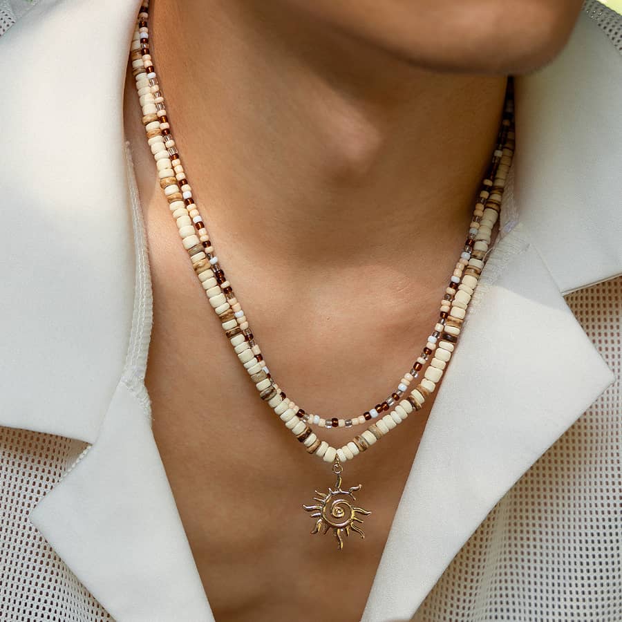 Simple Fashion Handmade Seed Bead Choker Trendy Ivory Wood Coconut Necklace With Gold Sun Charm Summer Men's Hip-Hop Jewelry - main