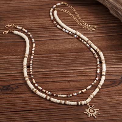 Simple Fashion Handmade Seed Bead Choker Trendy Ivory Wood Coconut Necklace With Gold Sun Charm Summer Men's Hip-Hop Jewelry detail 5
