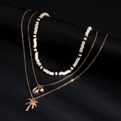 Fashion Handmade Wood Coconut Beaded Choker Jewelry With Gold Plated Seashell Tree Pendant Necklace Summer Holiday detail 3