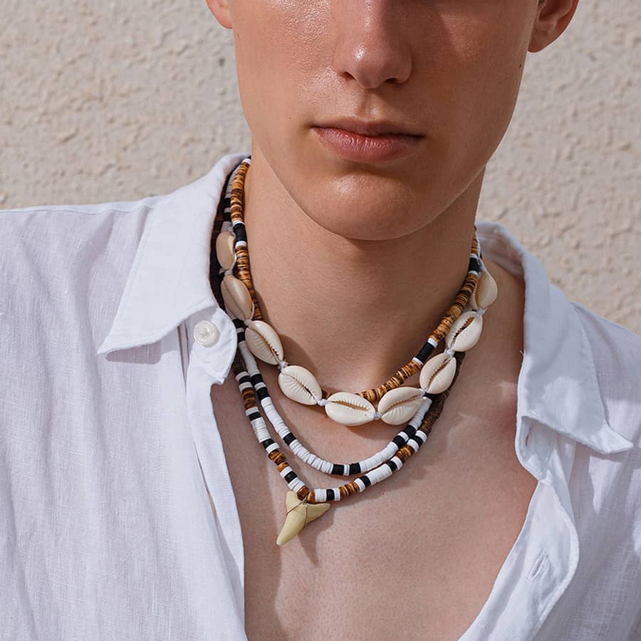 Bohemia 5pcs Set Wooden Coconut Beaded Statement Necklace Fashion Seashell Shark Tooth Pendant Sealife Necklace Men - main