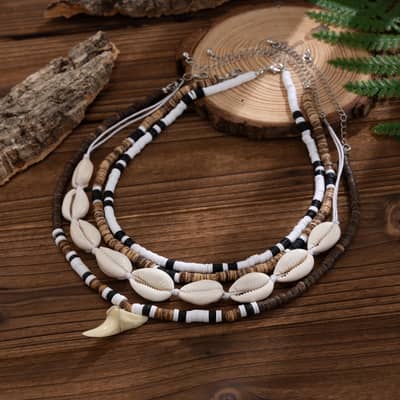 Bohemia 5pcs Set Wooden Coconut Beaded Statement Necklace Fashion Seashell Shark Tooth Pendant Sealife Necklace Men detail 4