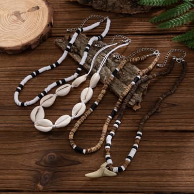 Bohemia 5pcs Set Wooden Coconut Beaded Statement Necklace Fashion Seashell Shark Tooth Pendant Sealife Necklace Men detail 6