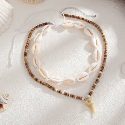 Trendy Hand Woven Ocean Puka Shell Choker Fashion Coconut Wood Beaded Fake Shark Tooth Charm Necklace detail 3