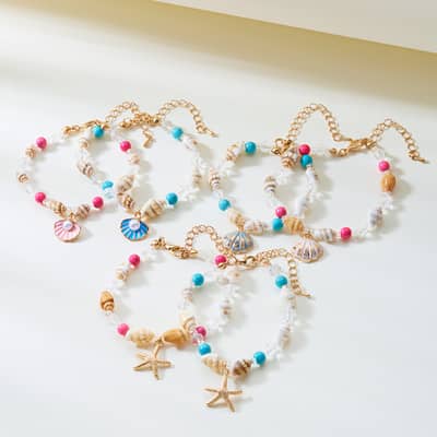 Summer Beach Sealife Ocean Series Cowrie Pearl Seashell Conch Beaded Necklace and Bracelet Set detail 2