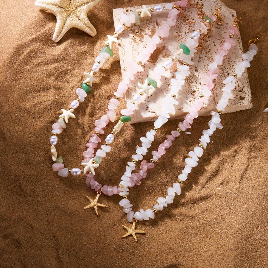 Summer Natural Stone Rose Quartz Agate Pearl Beaded Choker Kawaii Fashion Sweet Gold Ocean Sealife Starfish Pendant Necklace Set - main