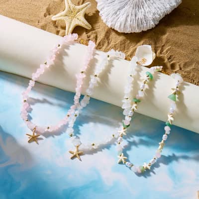 Summer Natural Stone Rose Quartz Agate Pearl Beaded Choker Kawaii Fashion Sweet Gold Ocean Sealife Starfish Pendant Necklace Set detail 2