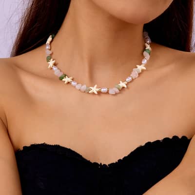 Summer Natural Stone Rose Quartz Agate Pearl Beaded Choker Kawaii Fashion Sweet Gold Ocean Sealife Starfish Pendant Necklace Set detail 5