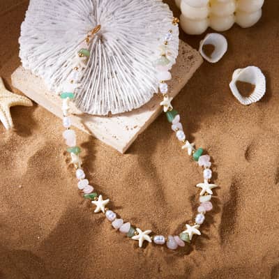 Summer Natural Stone Rose Quartz Agate Pearl Beaded Choker Kawaii Fashion Sweet Gold Ocean Sealife Starfish Pendant Necklace Set detail 6