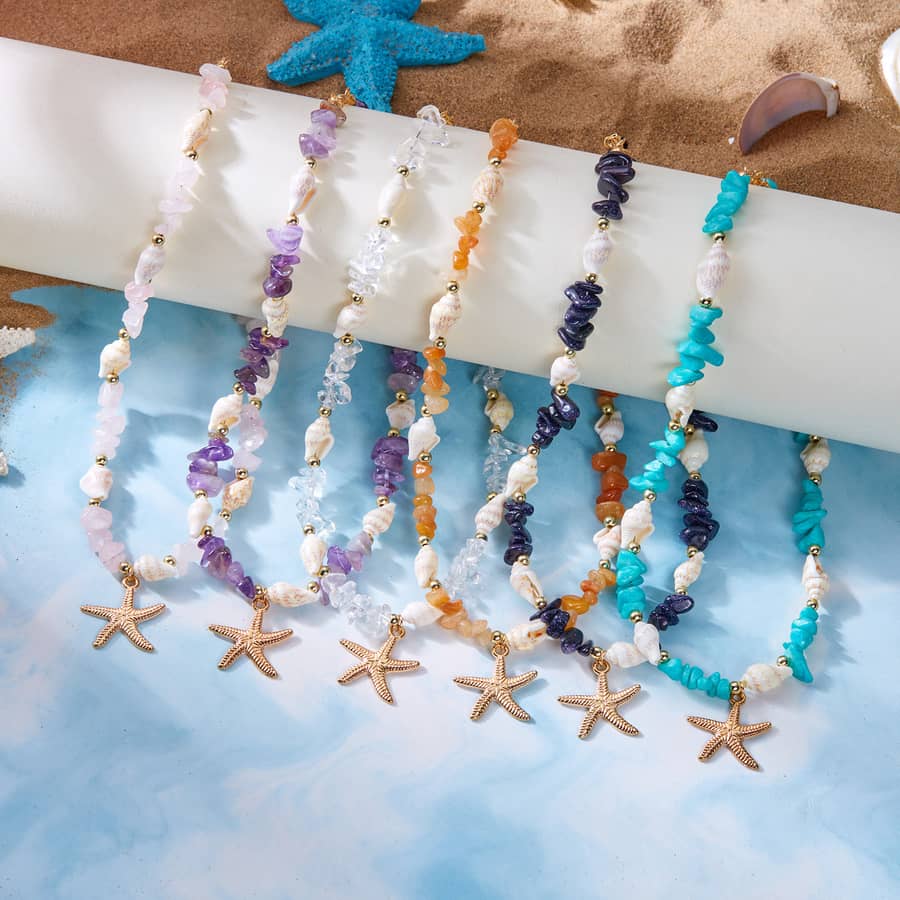 Natural Amethyst Rose Quartz Cowrie Beaded Choker Sweet Conch Shell With Gold Starfish Charm Bracelet Anklet - main