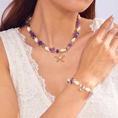 Natural Amethyst Rose Quartz Cowrie Beaded Choker Sweet Conch Shell With Gold Starfish Charm Bracelet Anklet detail 2