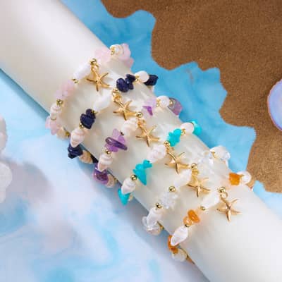 Natural Amethyst Rose Quartz Cowrie Beaded Choker Sweet Conch Shell With Gold Starfish Charm Bracelet Anklet detail 3