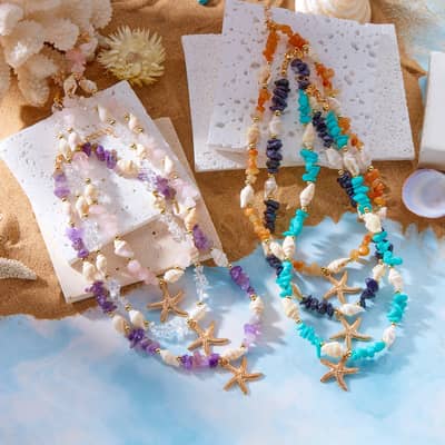 Natural Amethyst Rose Quartz Cowrie Beaded Choker Sweet Conch Shell With Gold Starfish Charm Bracelet Anklet detail 5