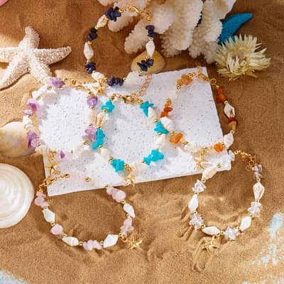 Natural Amethyst Rose Quartz Cowrie Beaded Choker Sweet Conch Shell With Gold Starfish Charm Bracelet Anklet detail 6