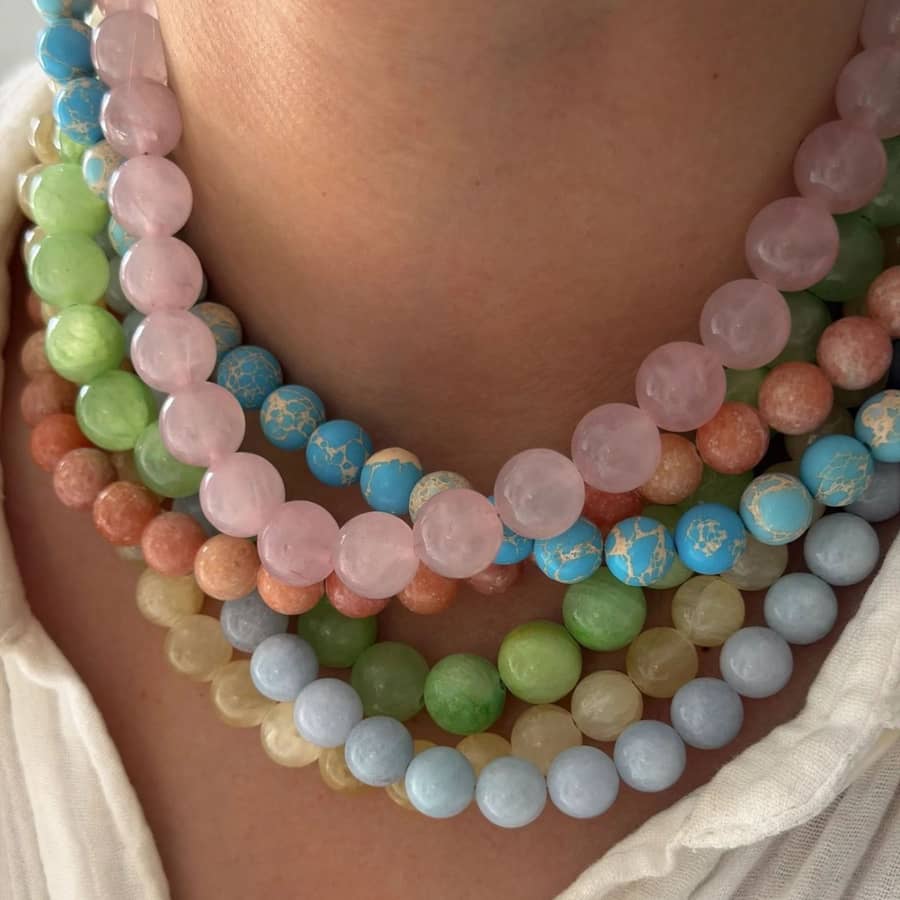 Natural Stone Bead Necklace 8-10mm Round, PVD Stainless Steel - main
