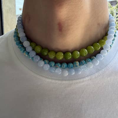 Natural Stone Bead Necklace 8-10mm Round, PVD Stainless Steel detail 6