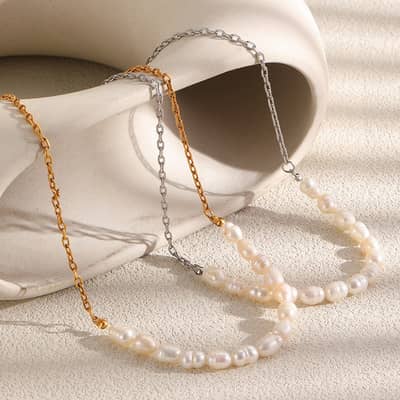 Natural Freshwater Pearl Necklace, Stainless Steel 18K Gold Waterproof Chain detail 1