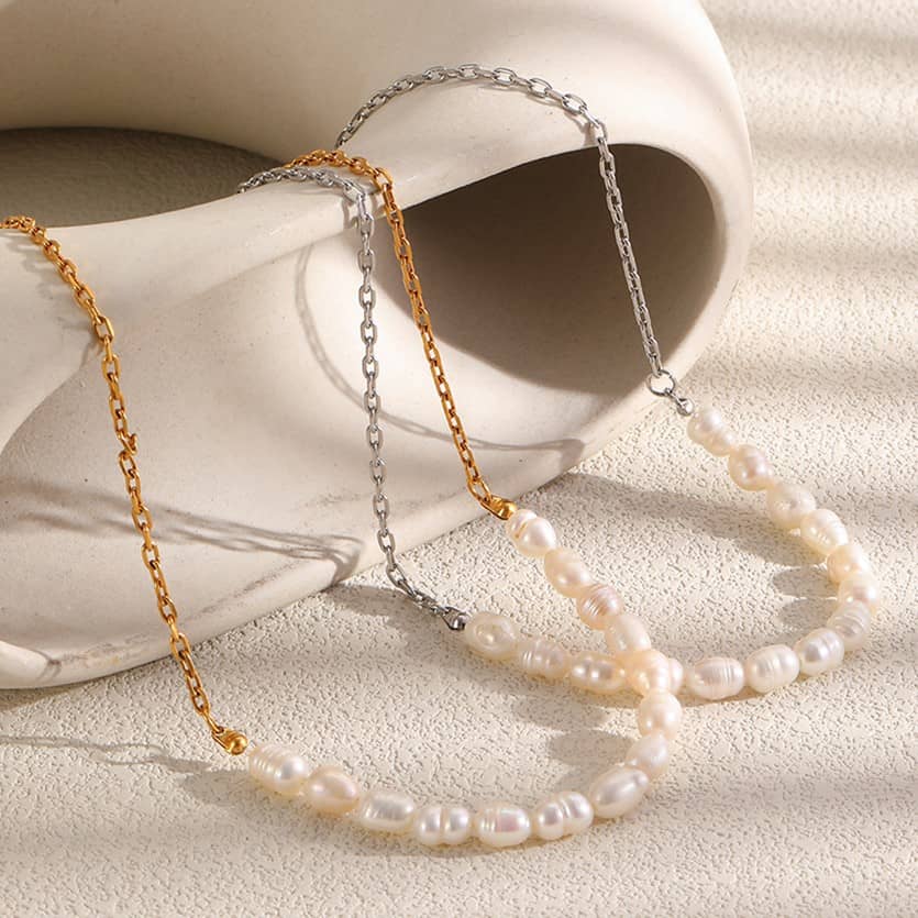 Natural Freshwater Pearl Necklace, Stainless Steel 18K Gold Waterproof Chain - main