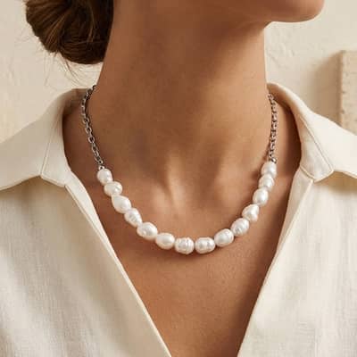 Natural Freshwater Pearl Necklace, Stainless Steel 18K Gold Waterproof Chain detail 2